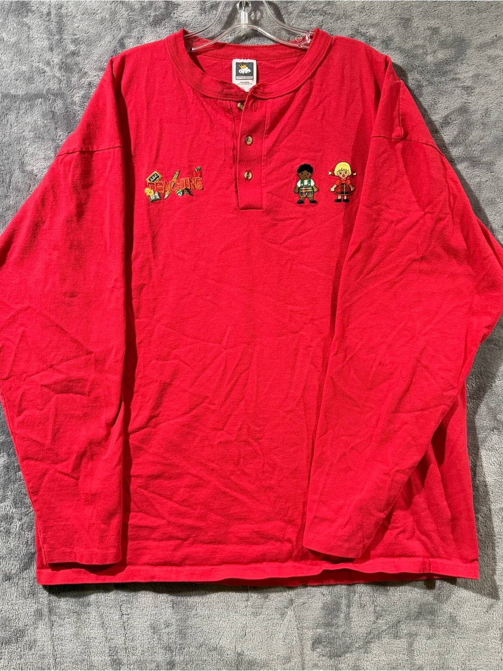 Cotton Deluxe Vintage 90s Henley Shirt "Teaching" Embroidery Made in USA Sz 2XL